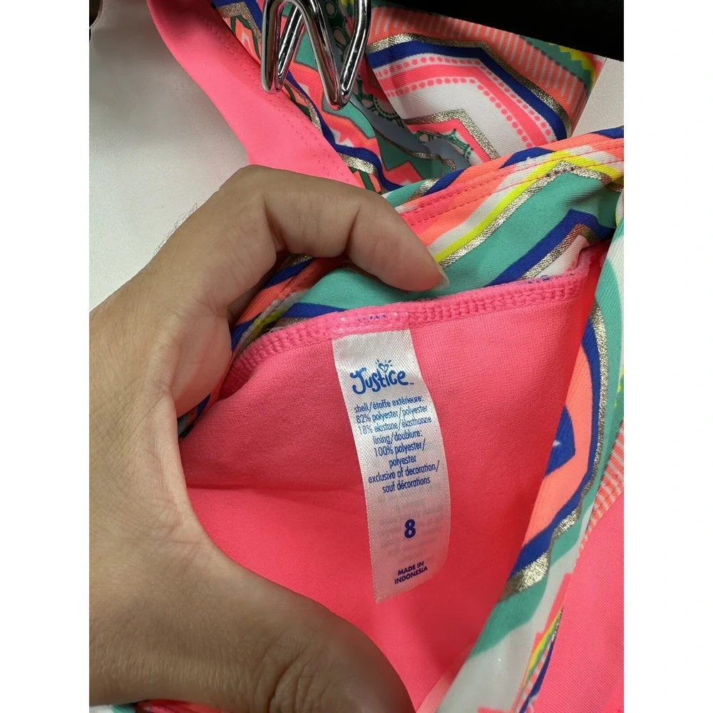 Bikini Set Bathing Suit Justice Girls Pink Geometric Print 2pc Sz 8 NEW No Tags